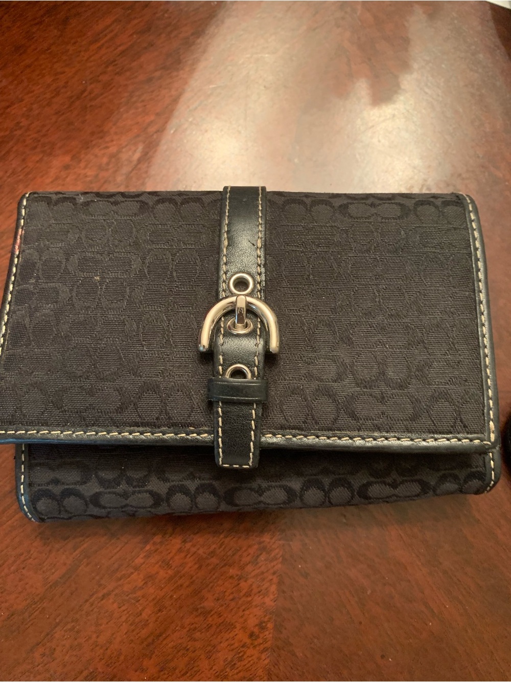 Coach Black Signature Canvas Bi-Fold Wallet Ty with Buckle Strap